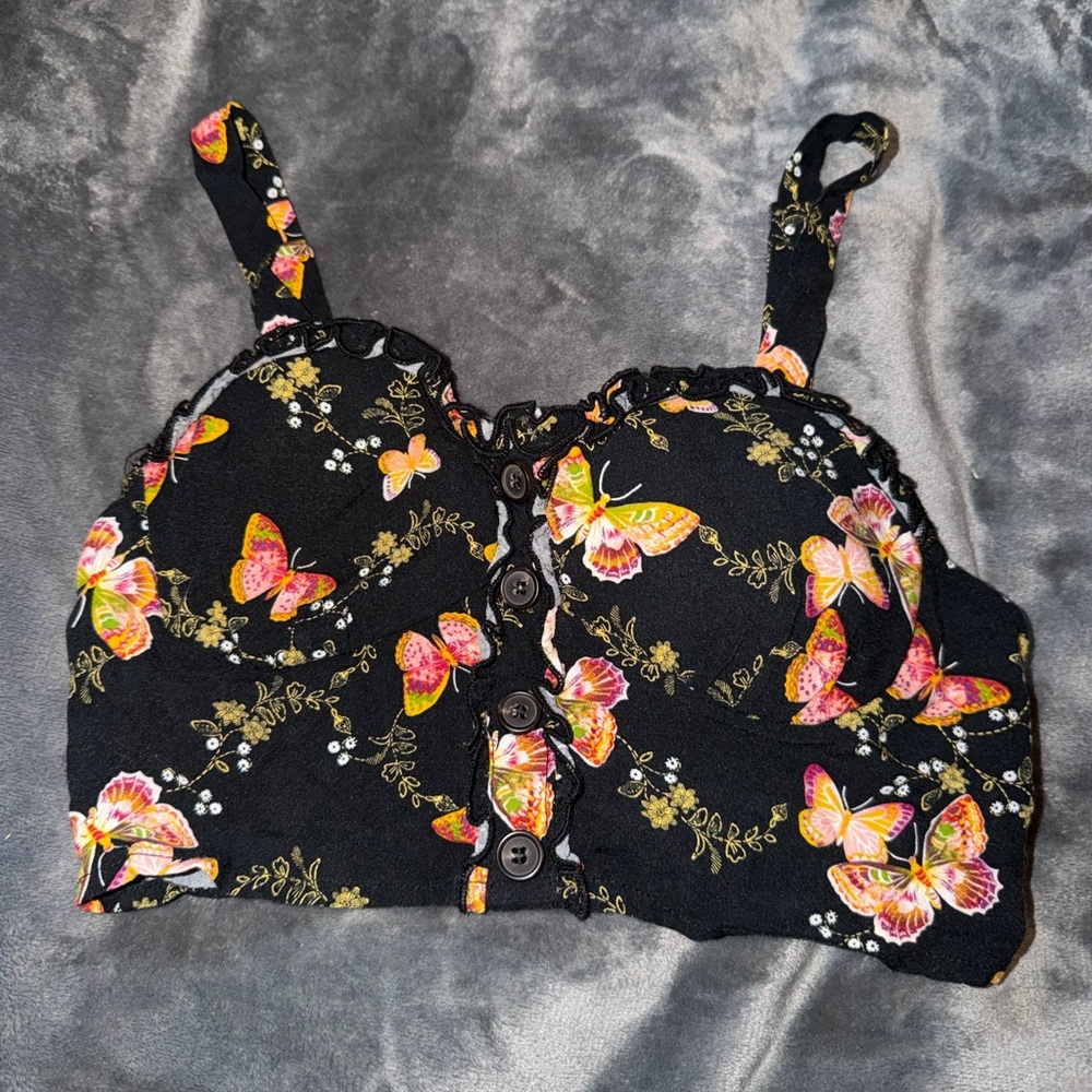 Elegant Black Butterfly Floral Crop Top